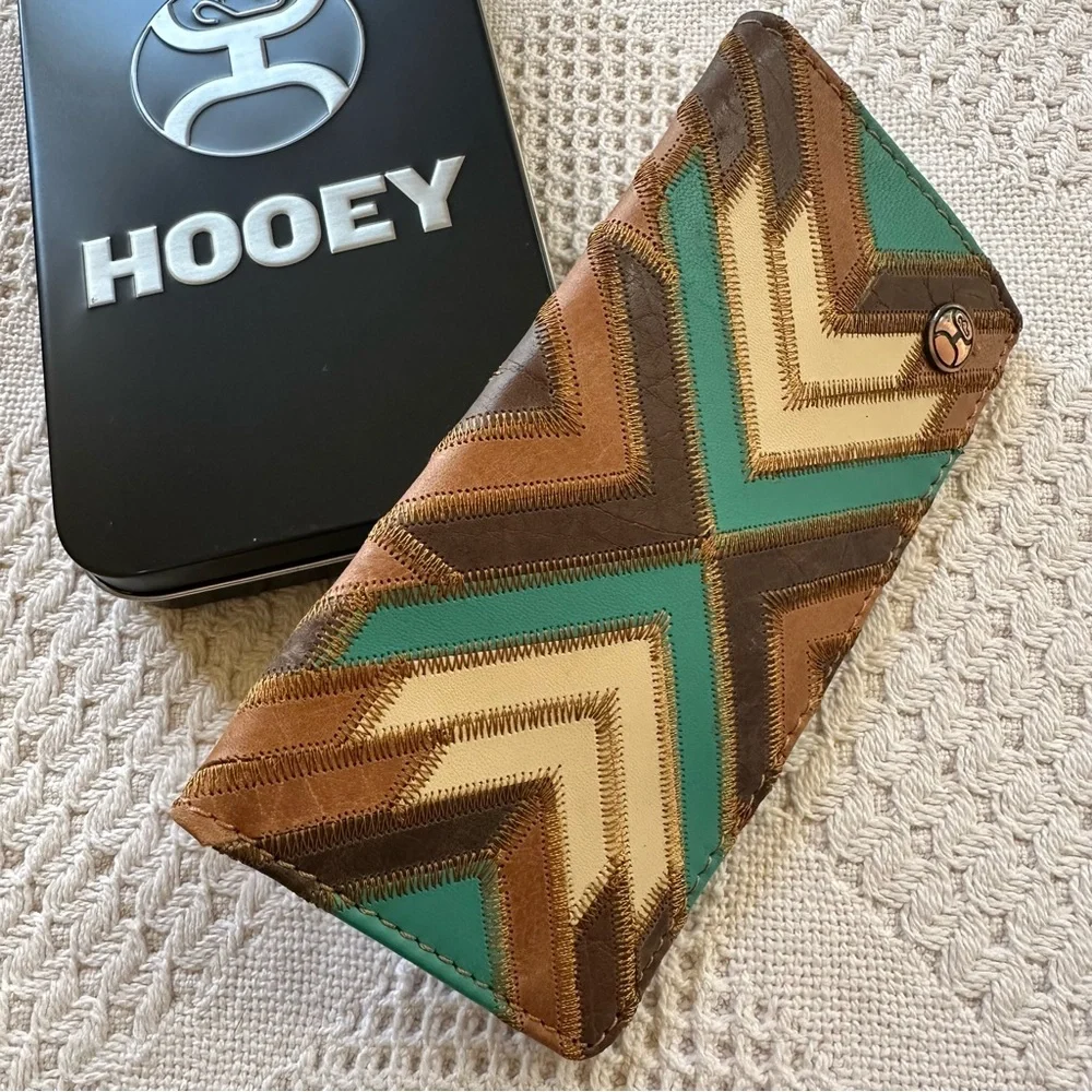 Hooey Montezuma Leather Patchwork Bifold Rodeo Wallet Western-Turquoise/Brown